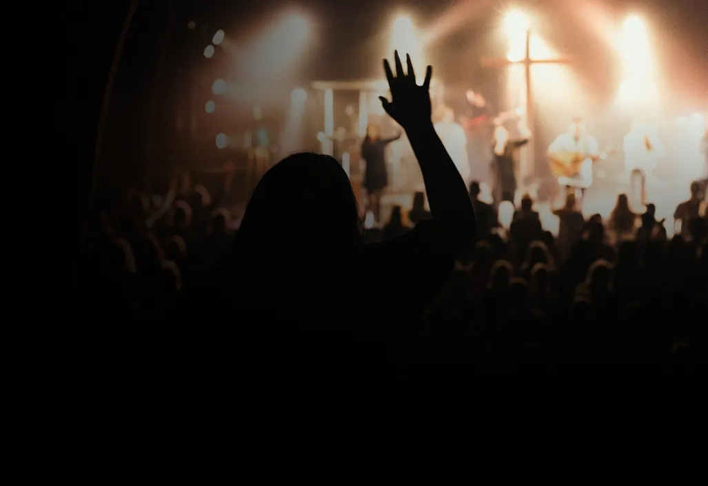 A person stands with arms raised in excitement before a stage, capturing a moment of enthusiasm and engagement.